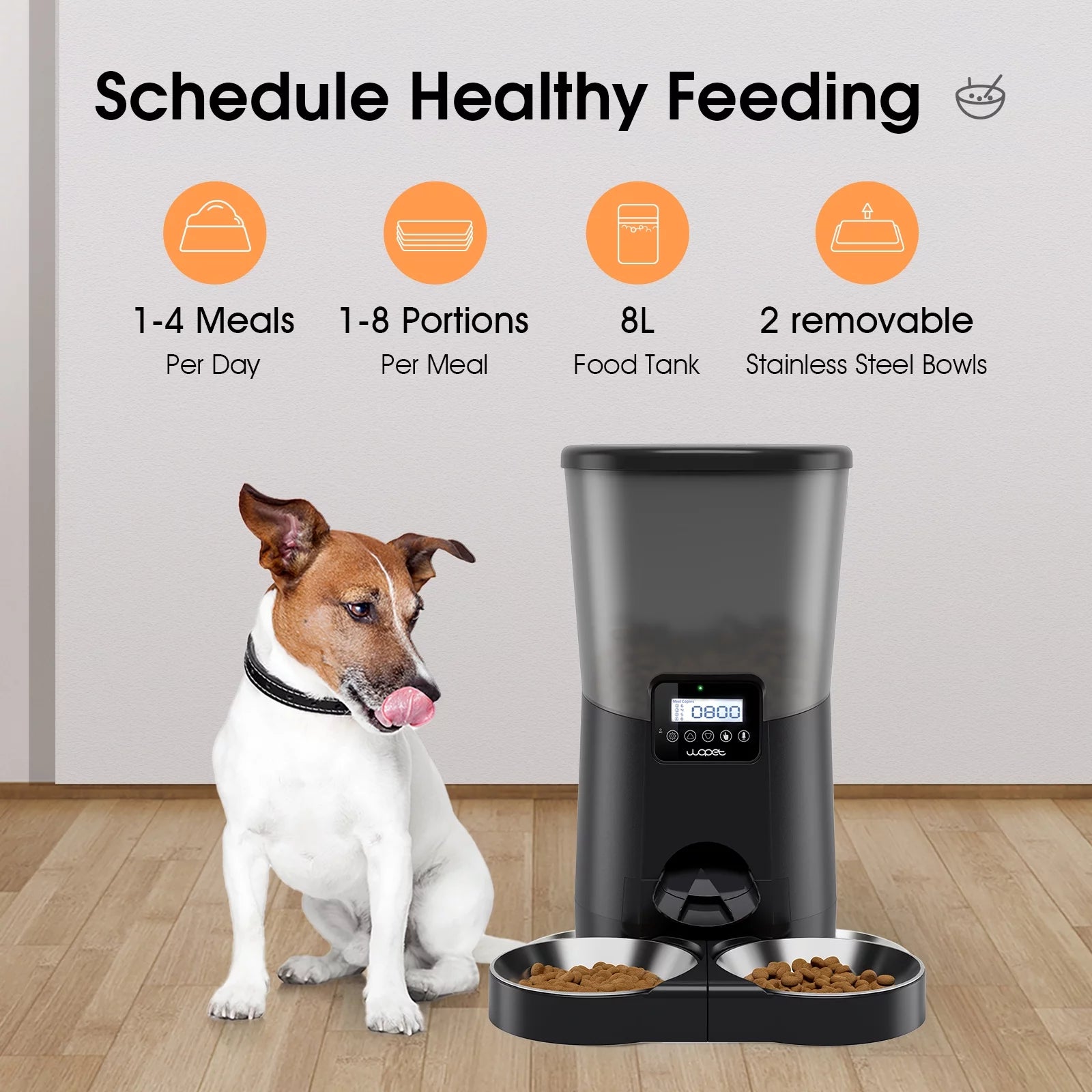 Automatic Dog Feeders, Pet Food Dispenser, Cat Feeder with Dual Stainless Steel Bowl for 2 Cats Pets, 8L, Black