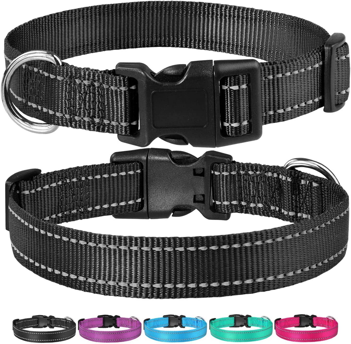 Reflective Dog Collar with Buckle Adjustable Safety Nylon Collars for Small Medium Large Dogs, Black M